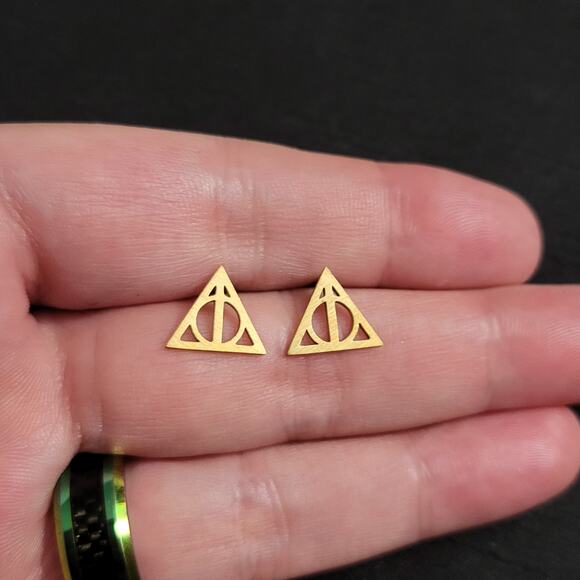 Harry Potter Deathly Hallows triangle earrings gold tone post earrings - Picture 1 of 2